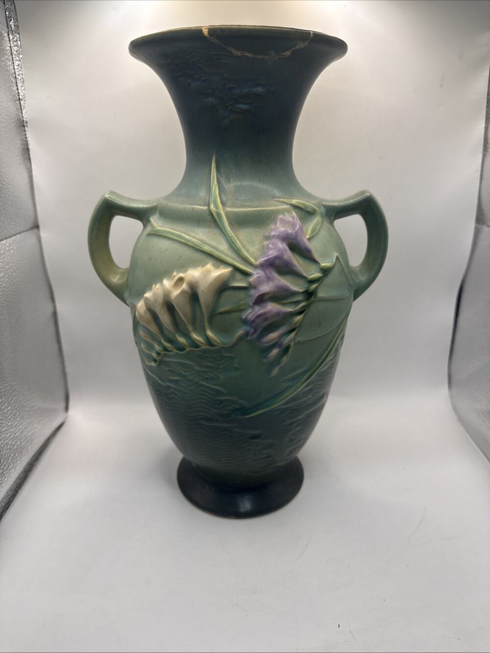 Roseville Freesia 2-Handled Vase In Green / Blue Model 127-12 12” *